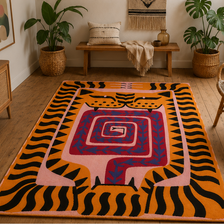 Tapis rectangulaire Tora – motif tigre graphique – orange, noir, rose et bleu profond