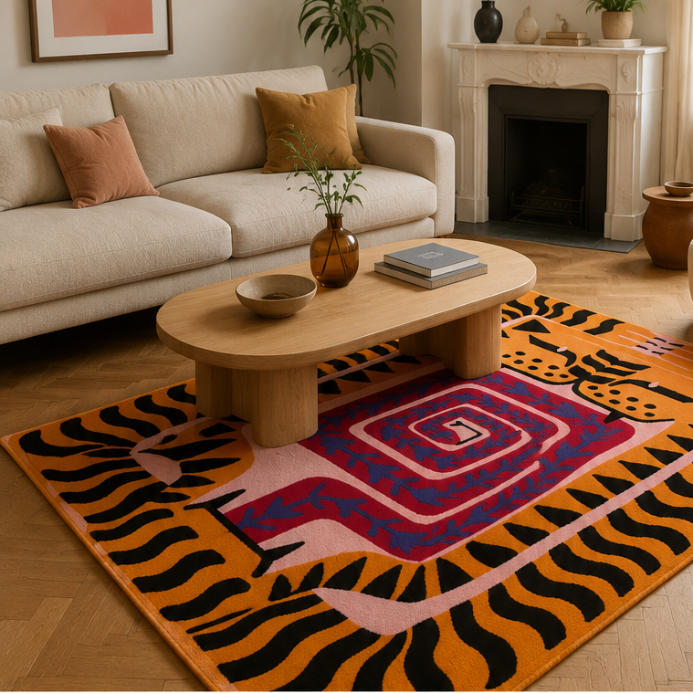Tapis rectangulaire Tora – motif tigre graphique – orange, noir, rose et bleu profond