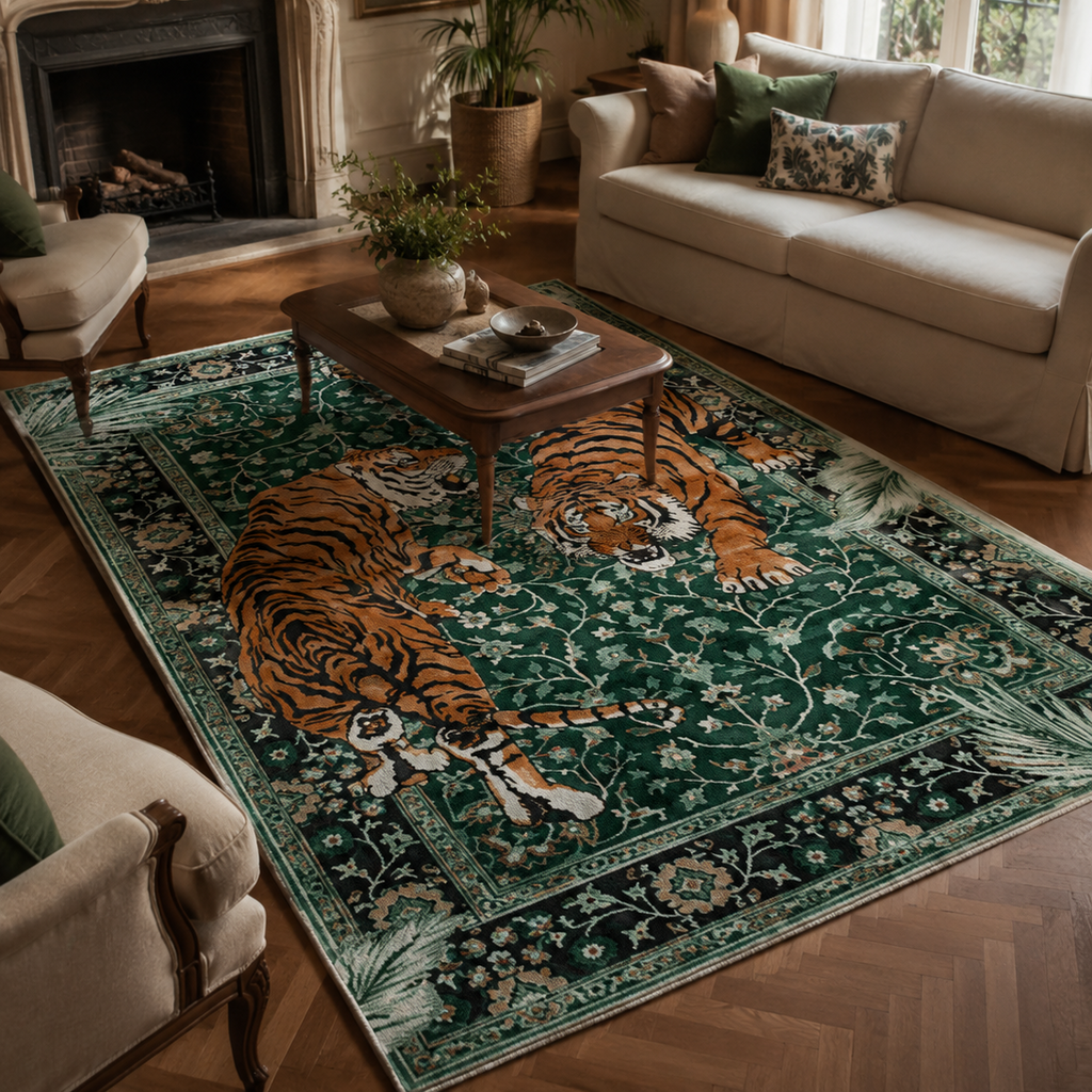 Tapis rectangulaire Rajah – motif tigres majestueux – vert émeraude, orange, noir et beige