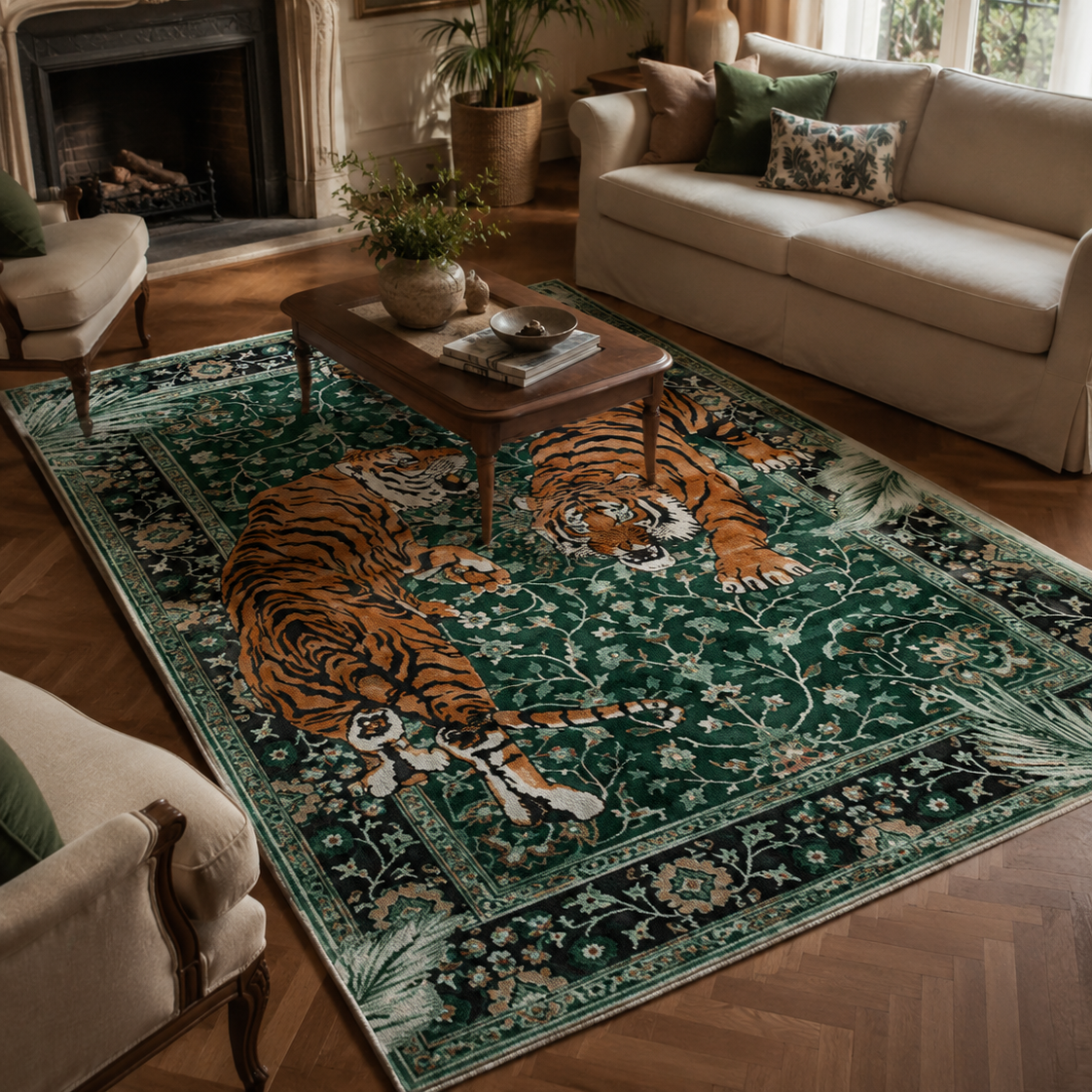 Tapis rectangulaire Rajah – motif tigres majestueux – vert émeraude, orange, noir et beige