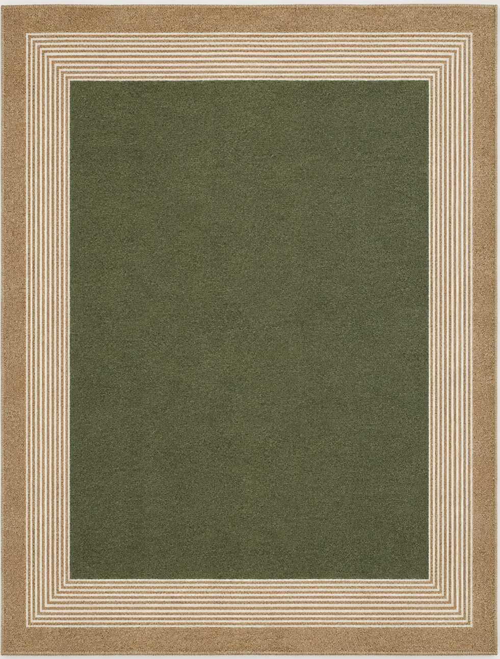 Tapis rectangulaire Olive – centre uni et bordure graphique – vert olive, beige et écru