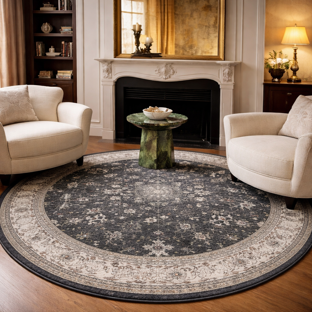 Tapis rond Oréna en laine – motifs géométriques – anthracite, gris perle et crème