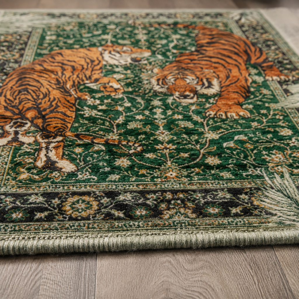 Tapis rectangulaire Sherkan – duo de tigres – vert émeraude, orange, noir et écru