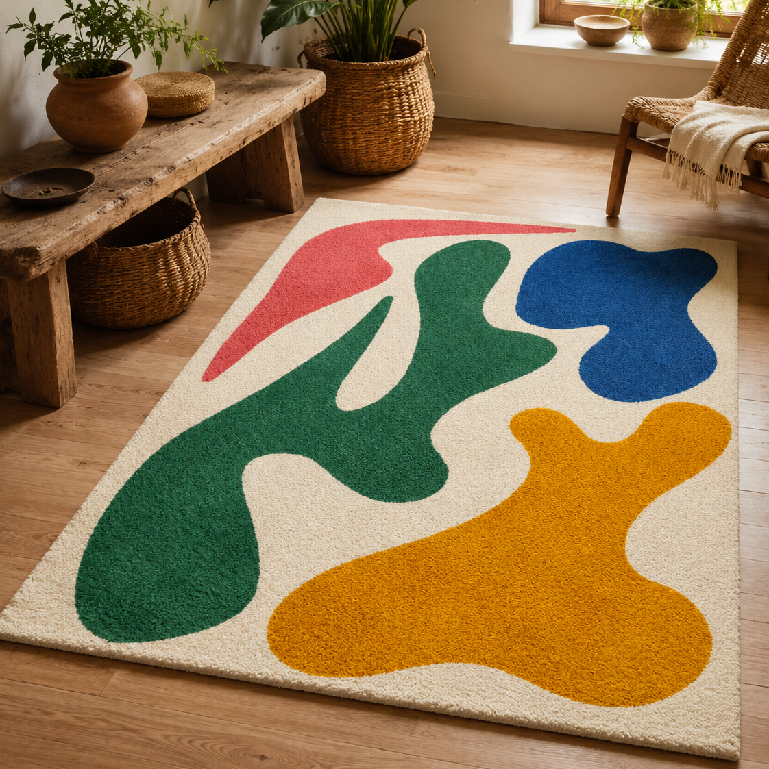 Tapis rectangulaire Cala – formes organiques colorées – écru, vert profond, bleu, corail et jaune ocre