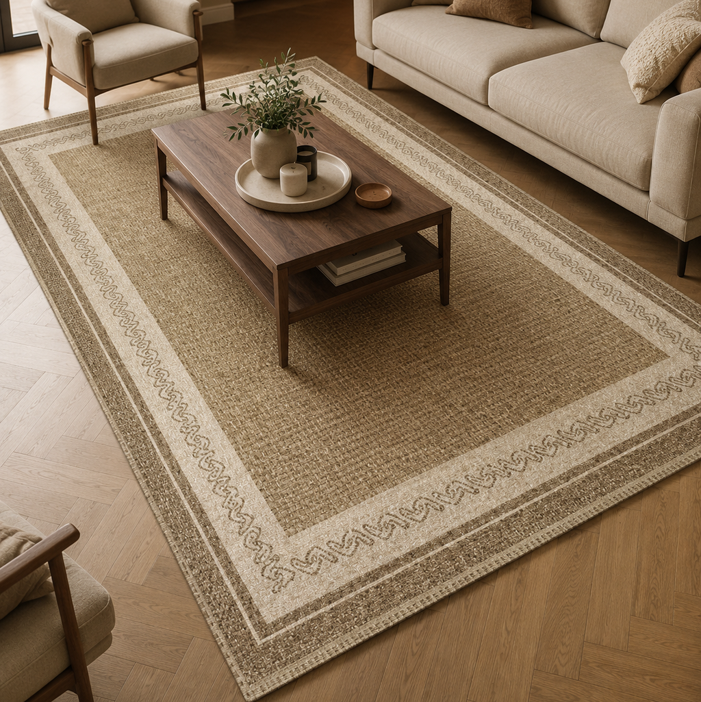Tapis rectangulaire Sienna – effet tissé naturel et bordure graphique – beige, écru et taupe