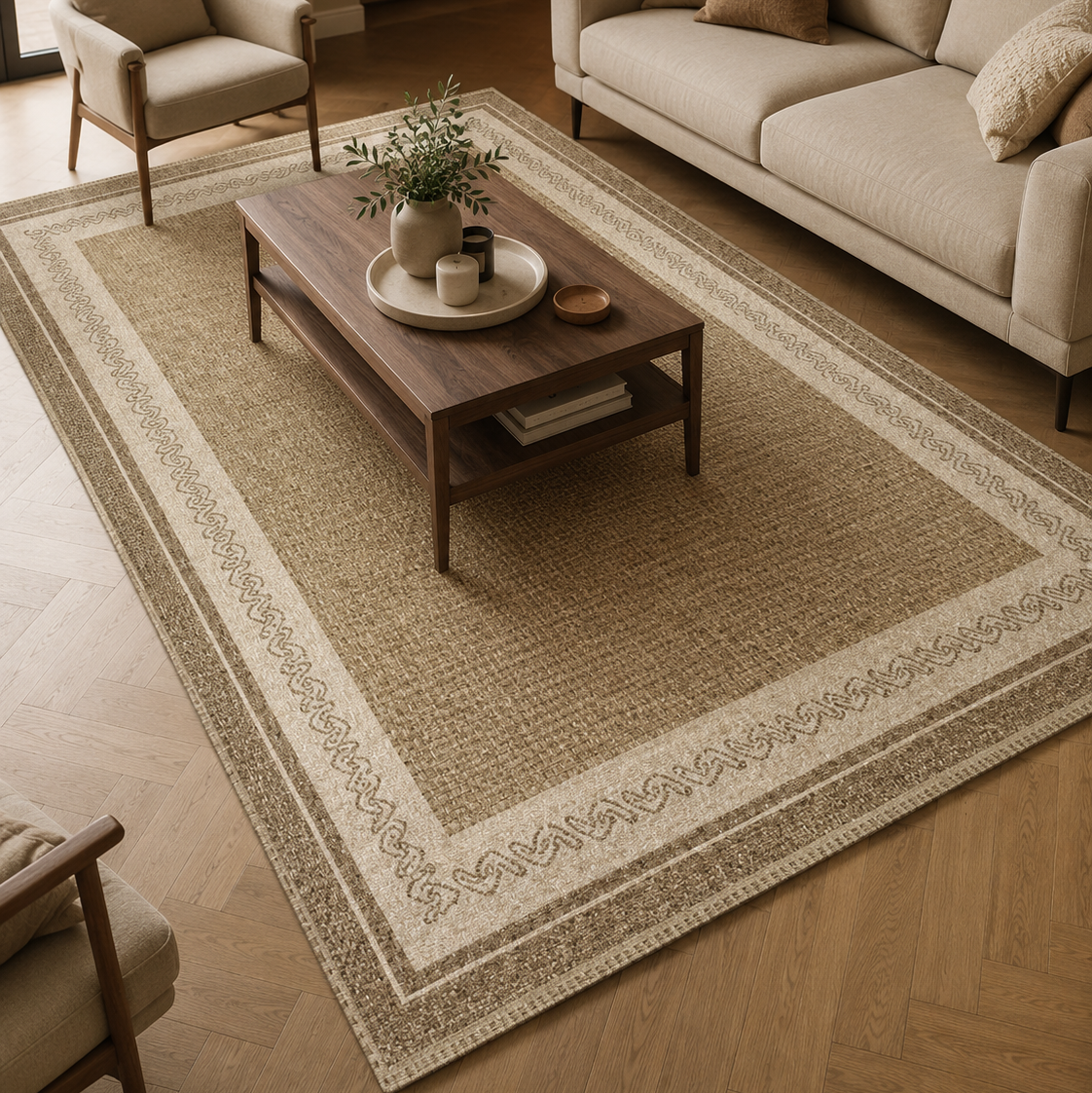 Tapis rectangulaire Sienna – effet tissé naturel et bordure graphique – beige, écru et taupe