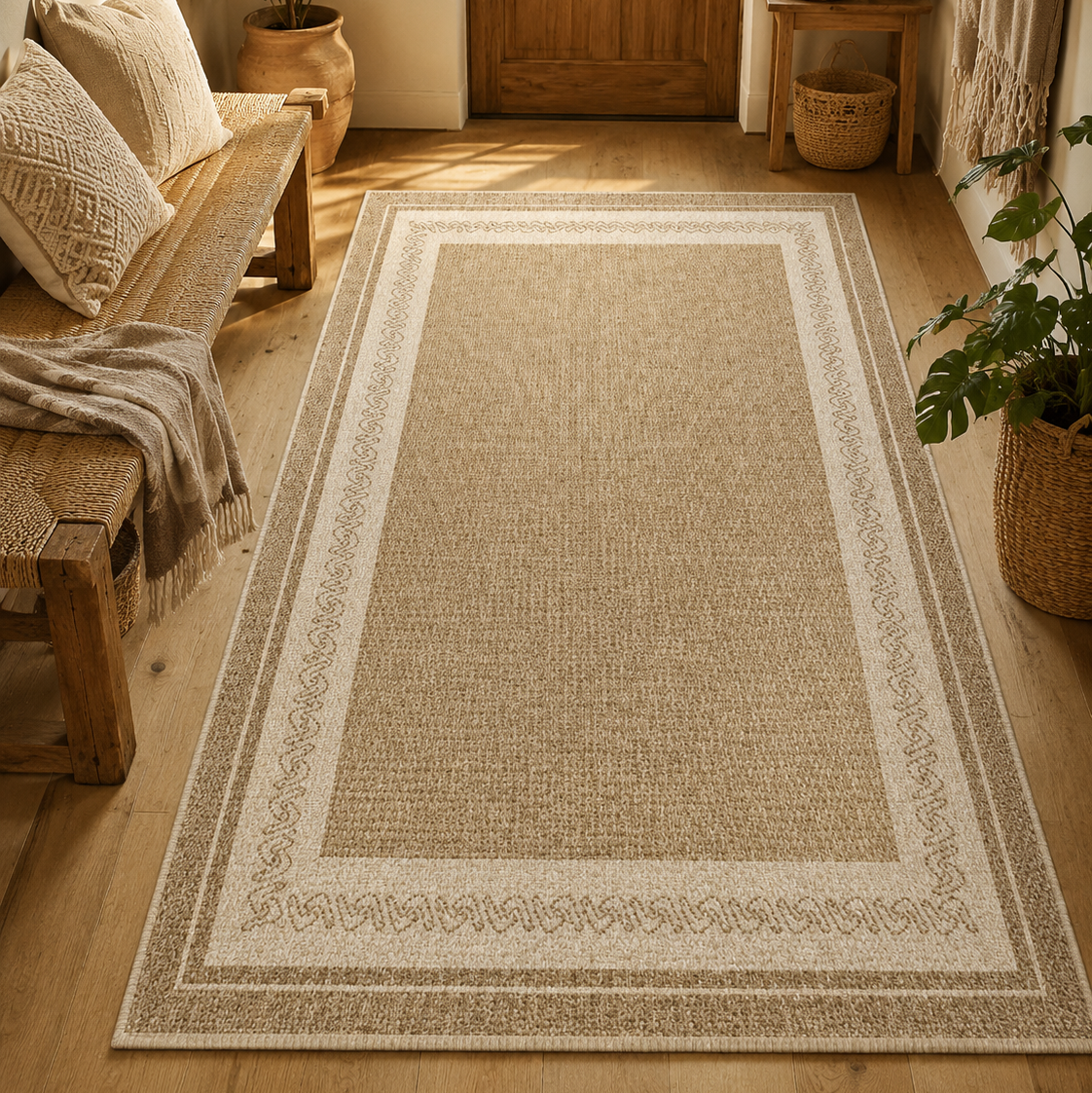 Tapis rectangulaire Sienna – effet tissé naturel et bordure graphique – beige, écru et taupe