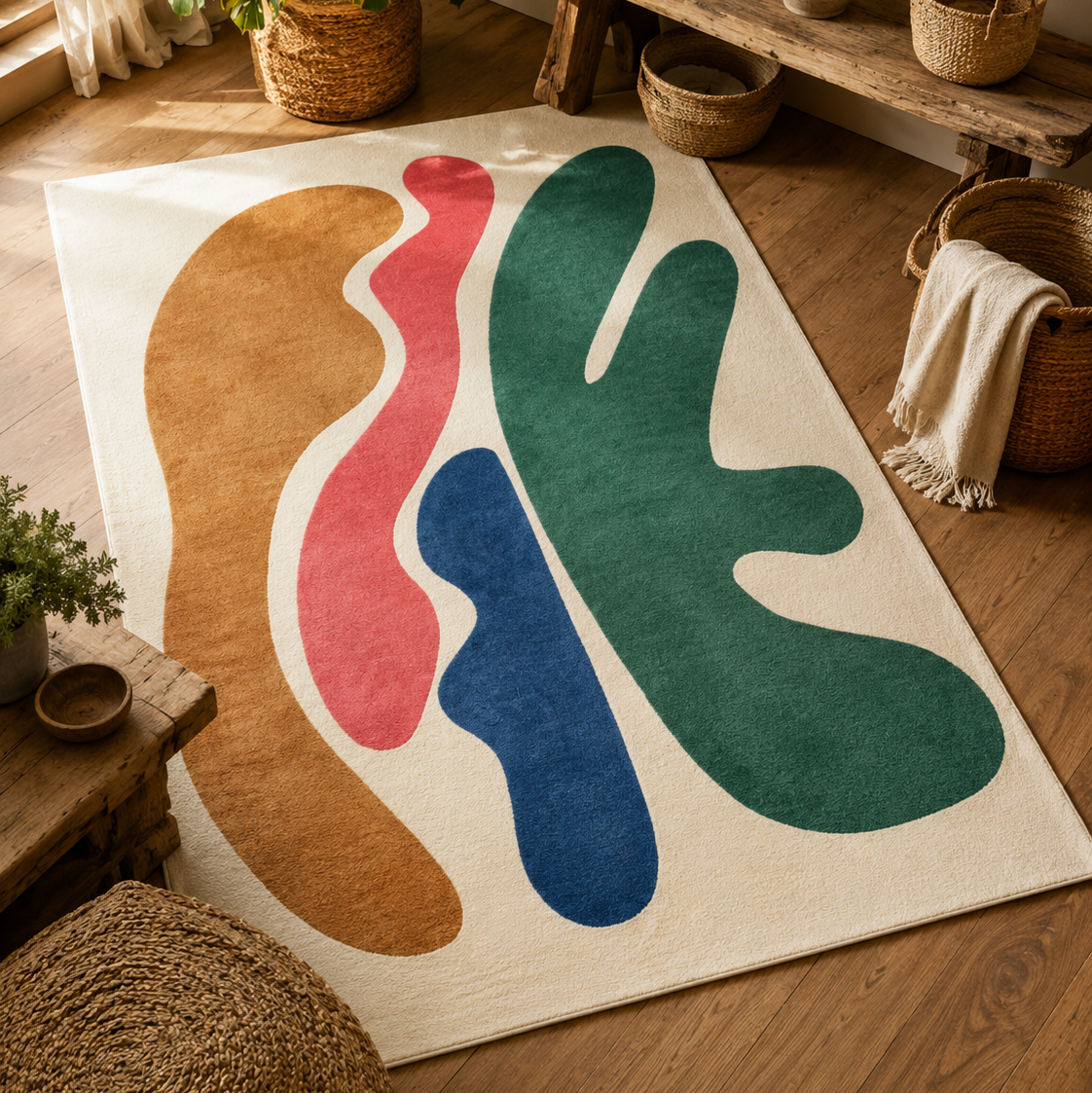 Tapis rectangulaire Aroa – formes organiques colorées – écru, vert profond, bleu, corail et camel