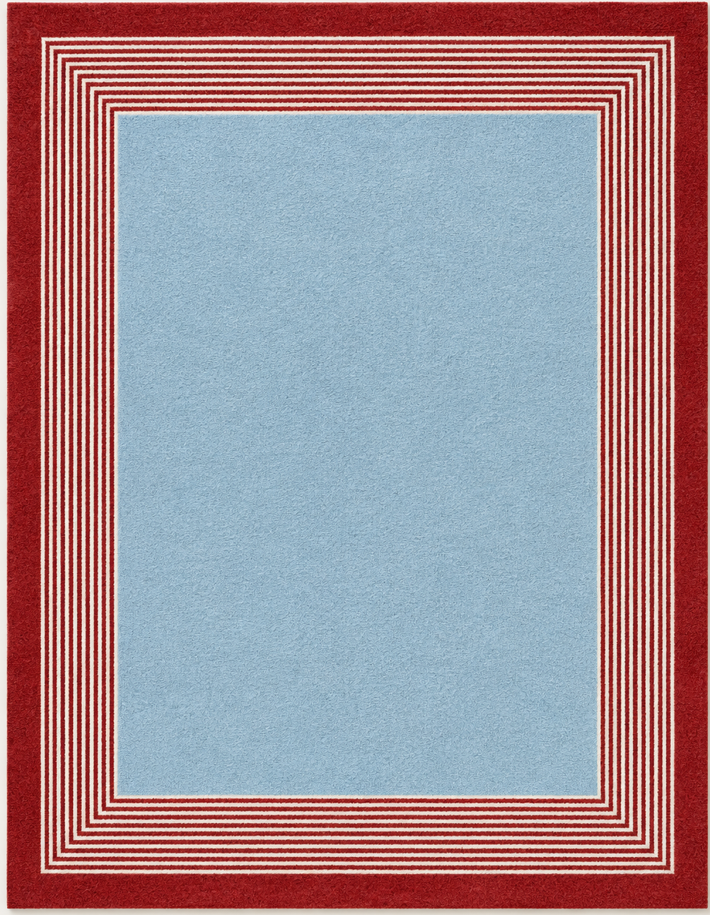 Tapis rectangulaire Riviera – centre bleu ciel et bordure rayée – rouge, blanc et bleu