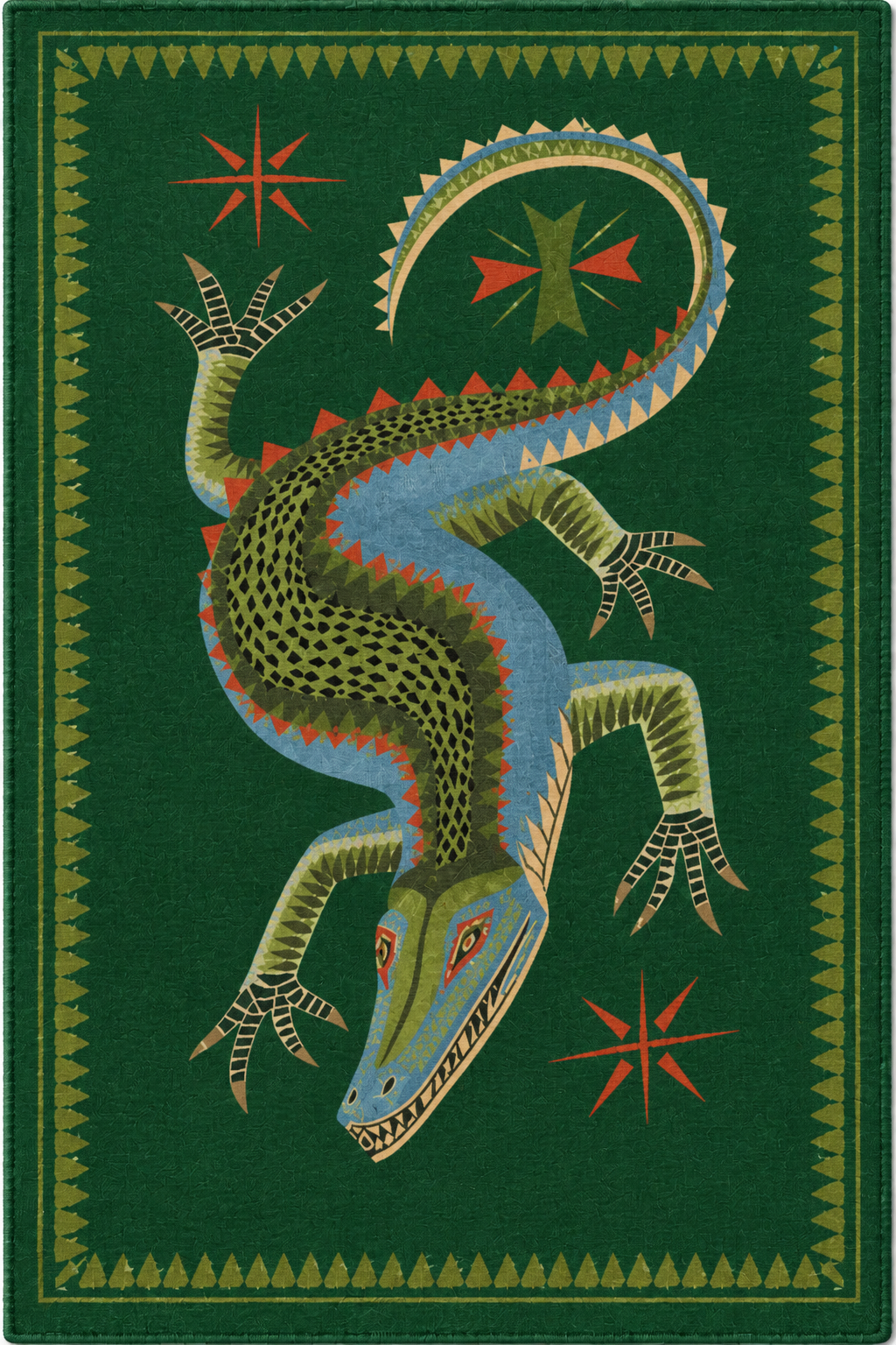Tapis rectangulaire Croco – motif crocodile illustré – vert émeraude, bleu, olive et terracotta