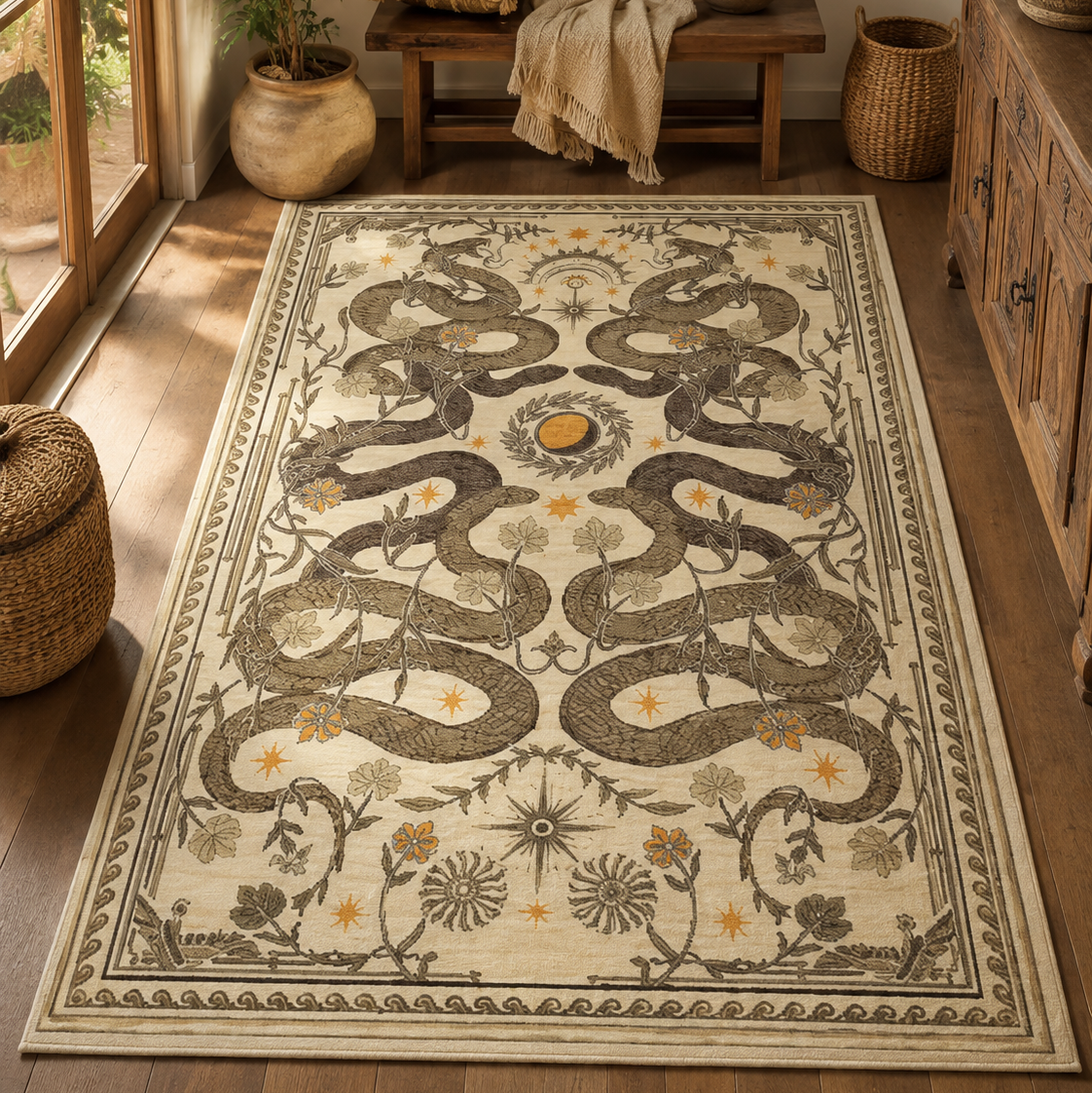 Tapis rectangulaire Solara – serpents symétriques et astres – écru, brun, beige et ocre doré
