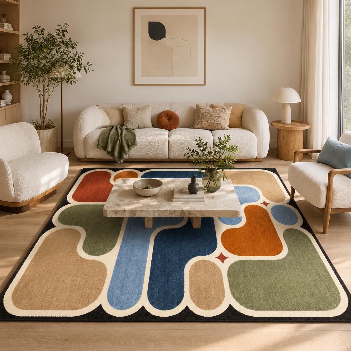 Tapis rectangulaire Alma – formes abstraites rétro – terracotta, bleu nuit, bleu ciel, vert sauge et beige