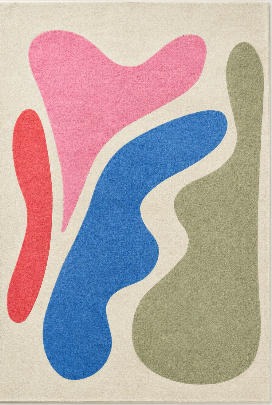 Tapis rectangulaire Soléa – formes organiques abstraites – écru, rose, bleu et vert sauge