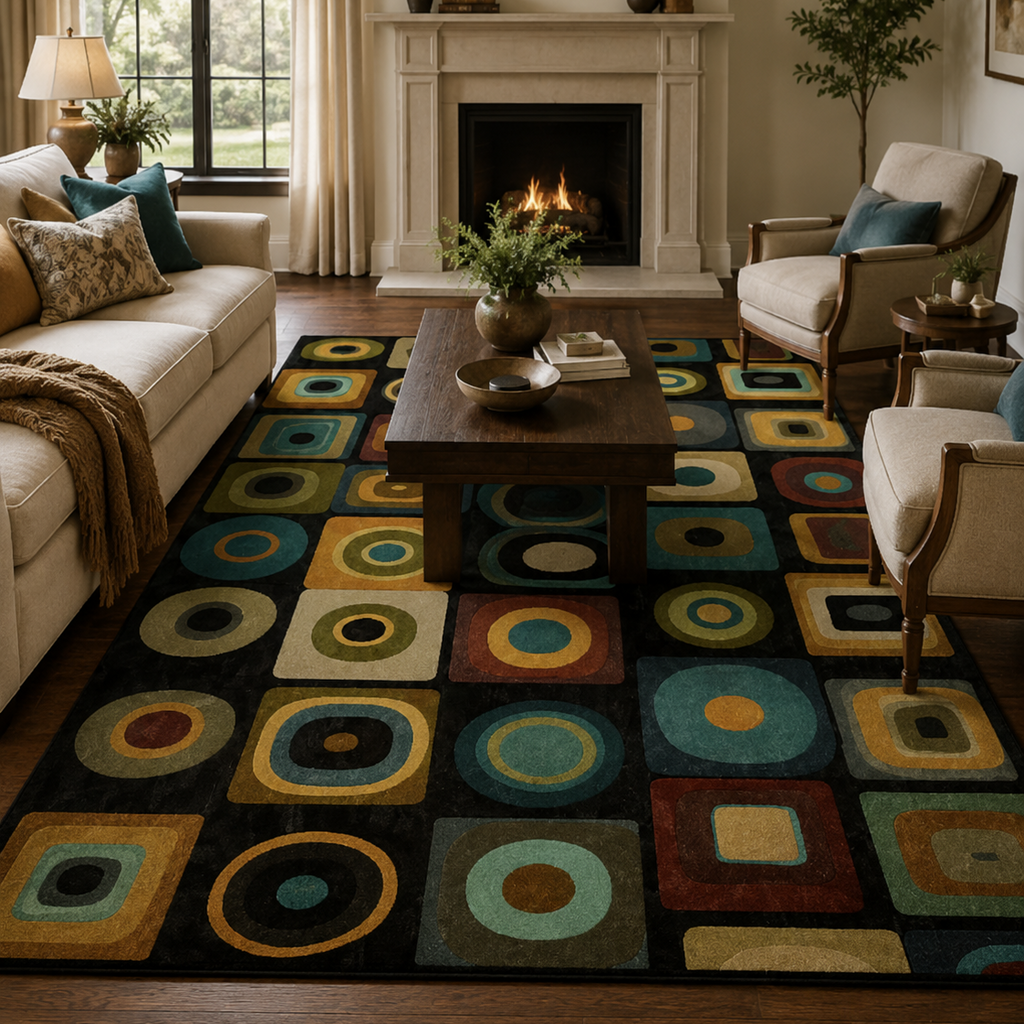 Tapis rectangulaire Orion – motifs géométriques rétro – noir, bleu canard, ocre, vert olive et terracotta