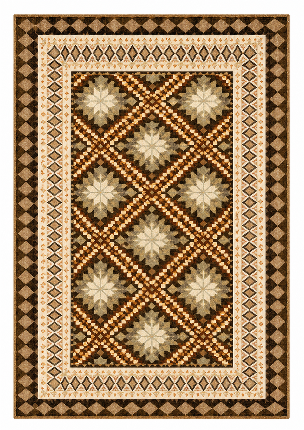 Tapis rectangulaire Zélia – motifs losanges et étoiles géométriques – tons naturels