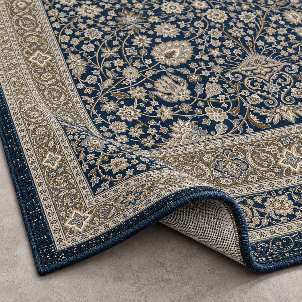 Tapis rectangulaire Isfahan – motifs orientaux floraux – bleu marine, beige et taupe
