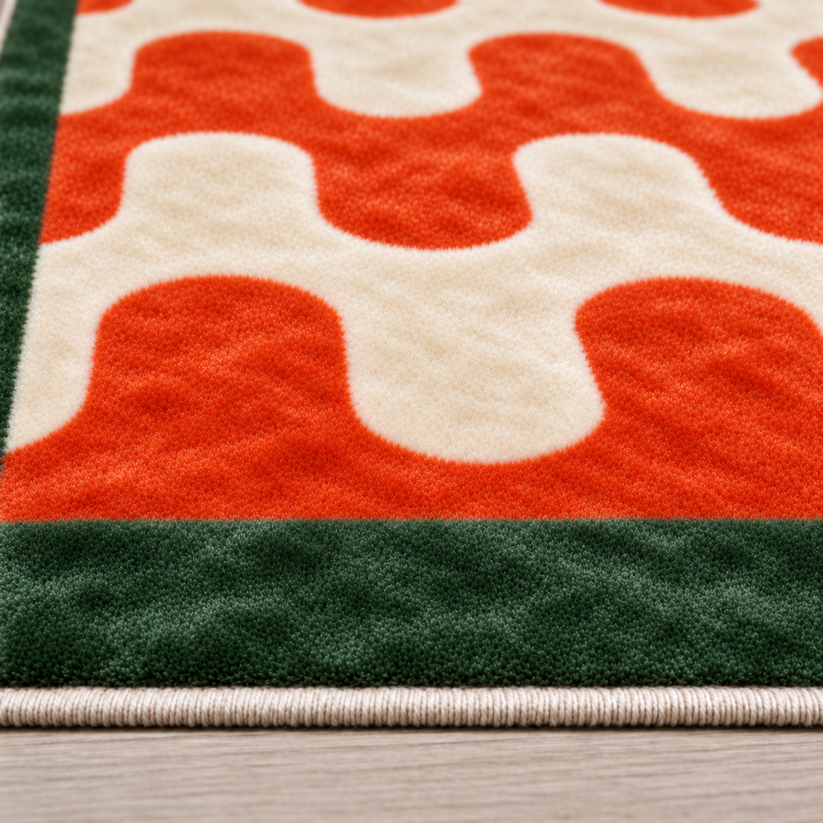 Tapis rectangulaire Rio – motif ondulé rétro – écru, rouge orangé et vert forêt