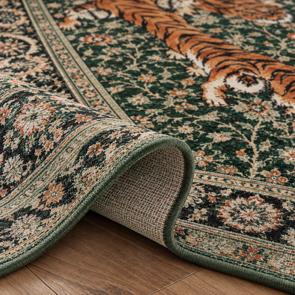 Tapis rectangulaire Rajah – motif tigres majestueux – vert émeraude, orange, noir et beige