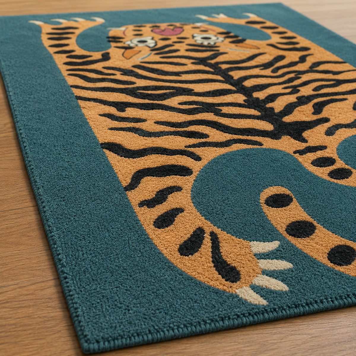 Tapis rectangulaire Tigra – motif tigre graphique – bleu canard, beige doré, noir et blanc