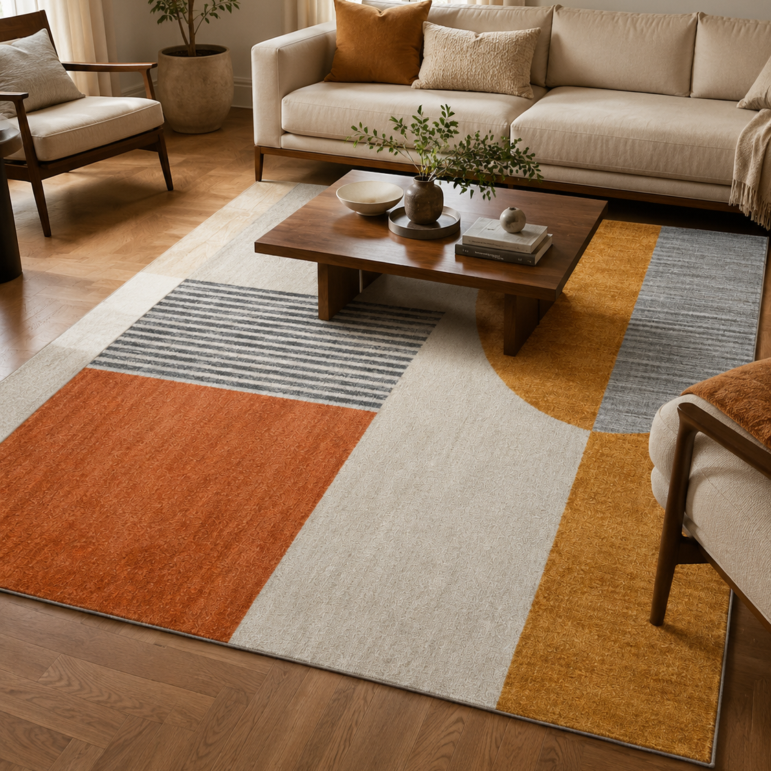 Tapis rectangulaire Soren – style moderne – motif géométrique abstrait – écru, ocre doré, terracotta et gris perle