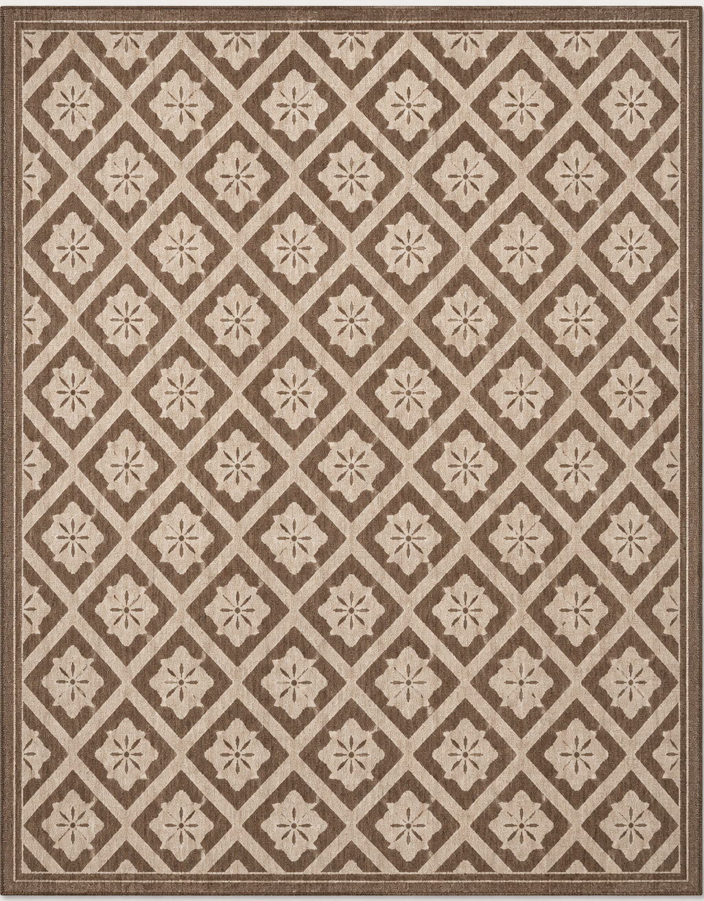 Tapis rectangulaire Alba – style moderne – motifs losanges floraux – taupe et beige clair