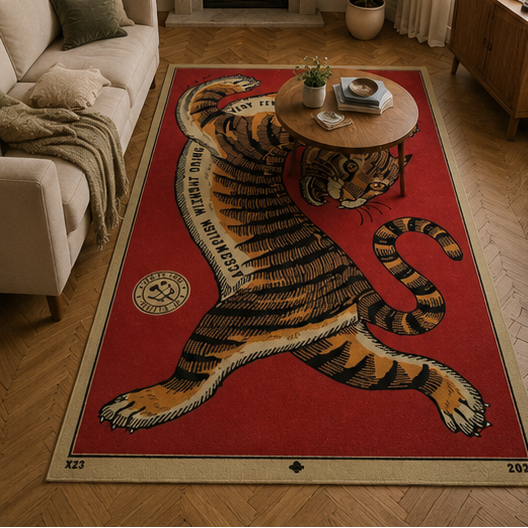 Tapis rectangulaire Tiger – motif tigre vintage – rouge, beige, orange et noir