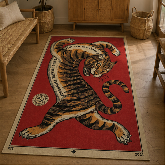 Tapis rectangulaire Tiger – motif tigre vintage – rouge, beige, orange et noir