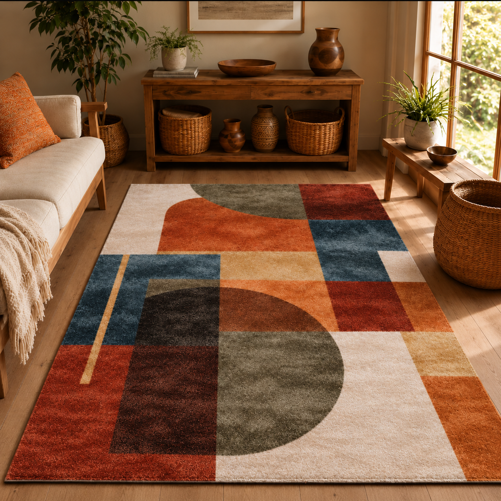 Tapis rectangulaire Miro – style moderne – motifs géométriques abstraits – terracotta, bleu profond, beige et vert kaki