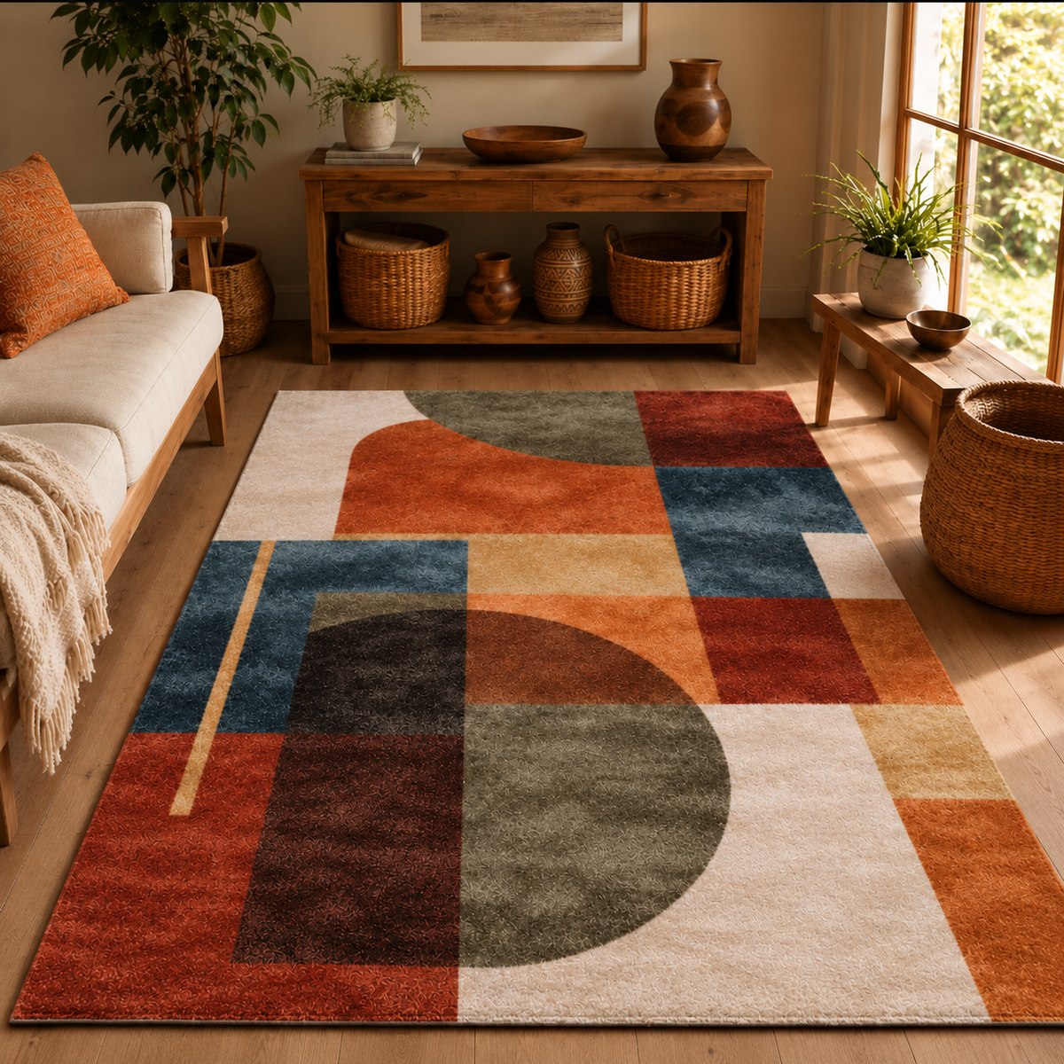 Tapis rectangulaire Miro – style moderne – motifs géométriques abstraits – terracotta, bleu profond, beige et vert kaki