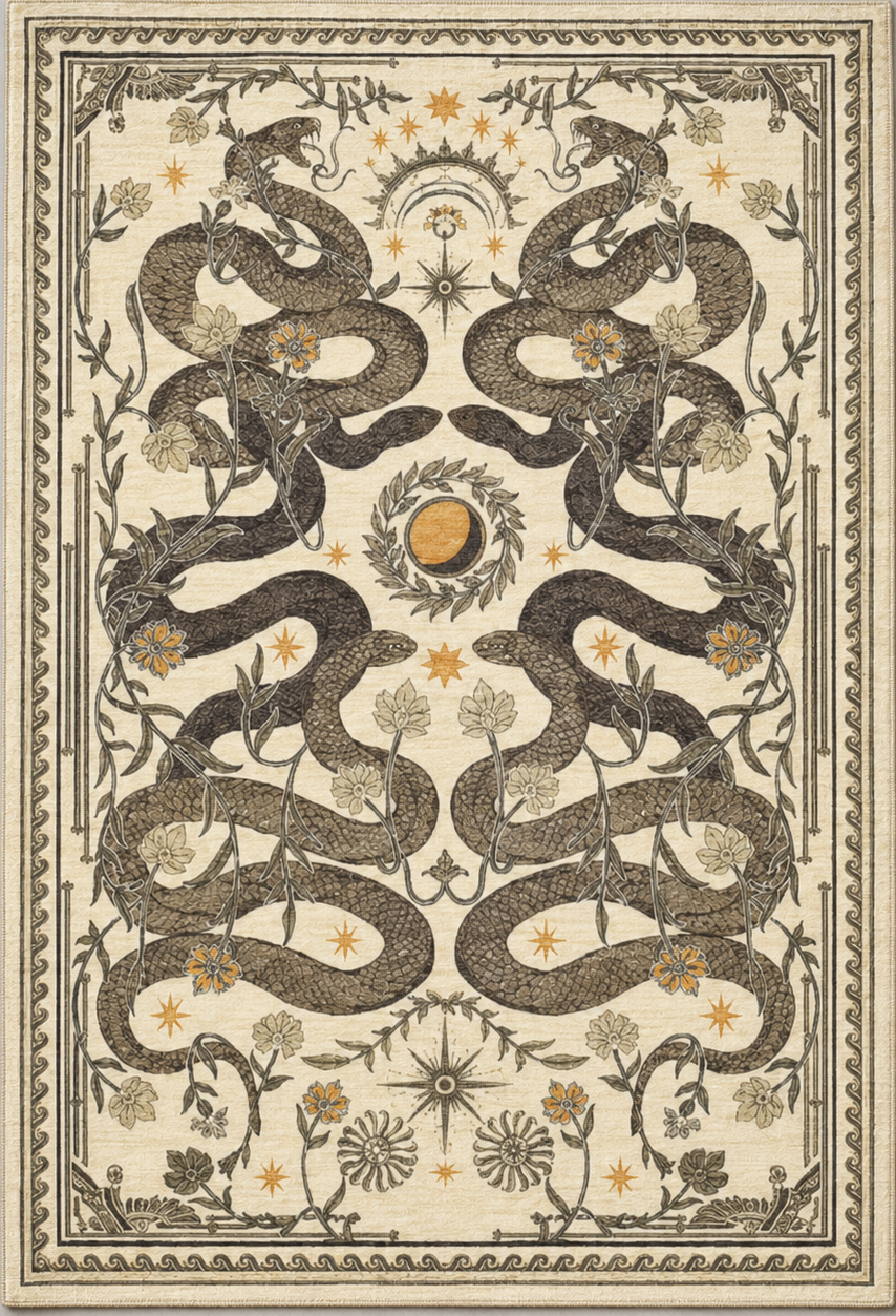 Tapis rectangulaire Solara – serpents symétriques et astres – écru, brun, beige et ocre doré