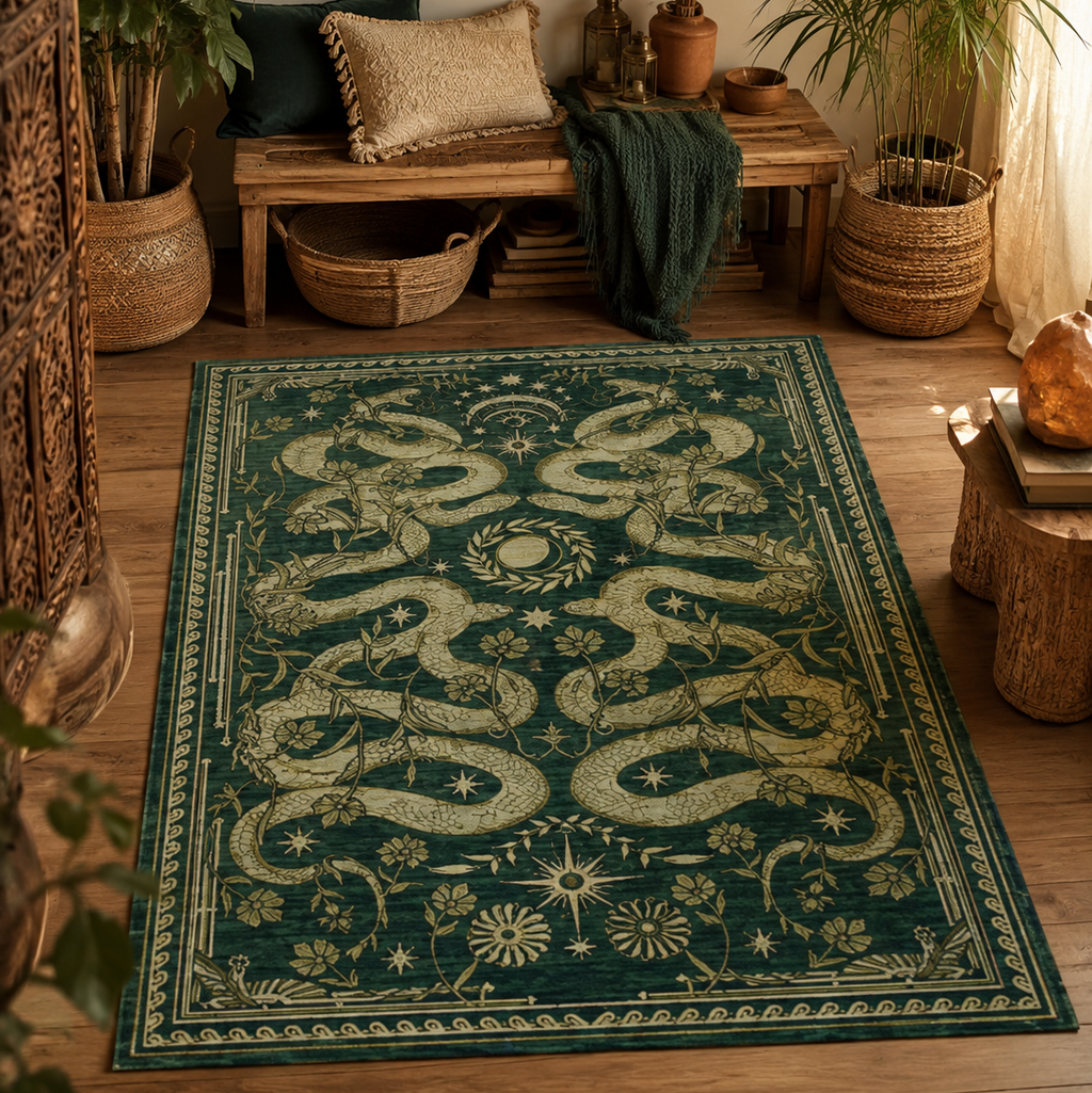 Tapis rectangulaire Éclipse – serpents et symboles célestes – vert profond, beige doré et écru