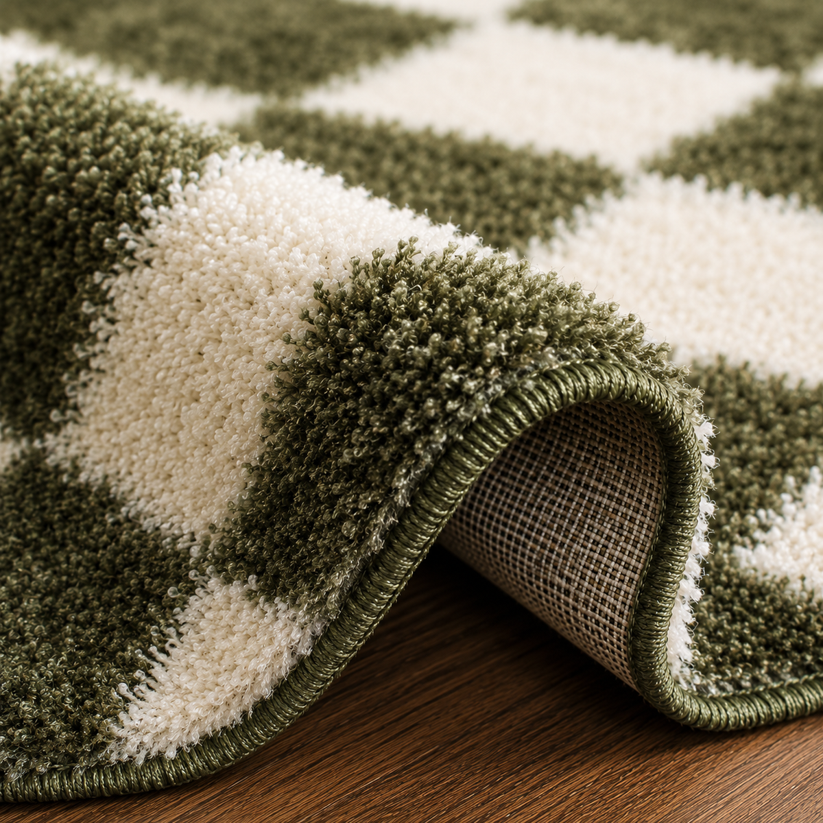 Tapis rectangulaire Mila – damier moelleux – vert sauge et blanc