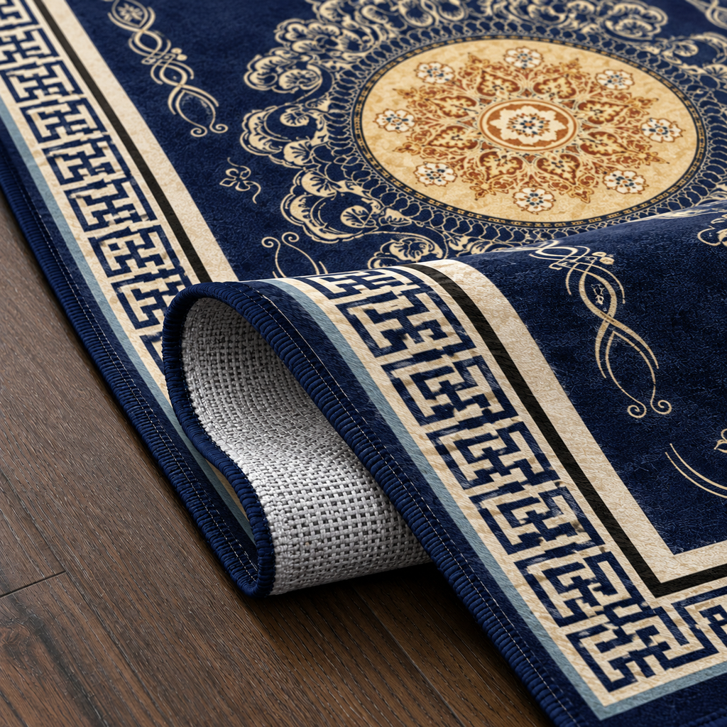 Tapis rectangulaire Mizuki – style asiatique – bleu nuit, médaillon doré et bordure géométrique