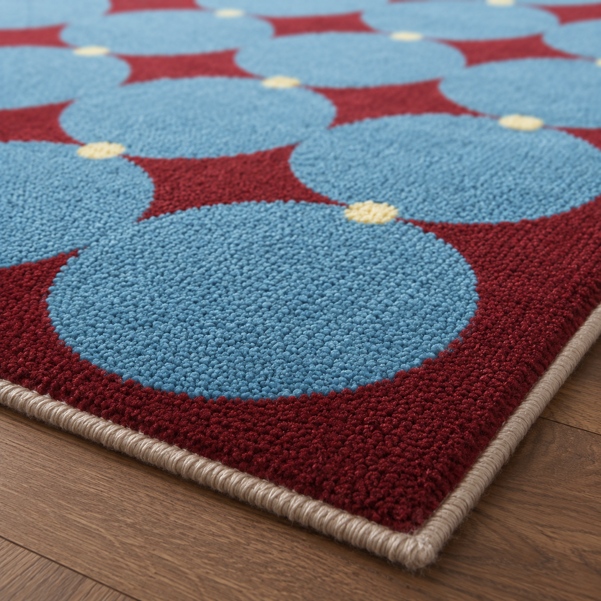 Tapis rectangulaire Nilo – motifs cercles graphiques – bleu ciel, bordeaux et beige clair