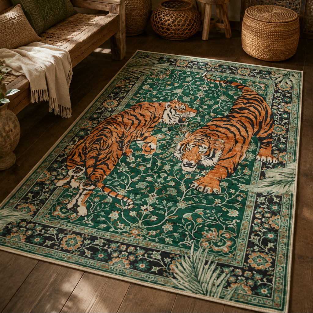 Tapis rectangulaire Sherkan – duo de tigres – vert émeraude, orange, noir et écru