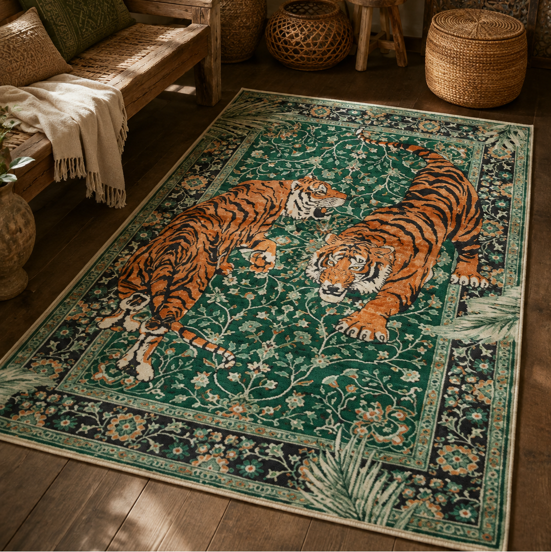 Tapis rectangulaire Sherkan – duo de tigres – vert émeraude, orange, noir et écru
