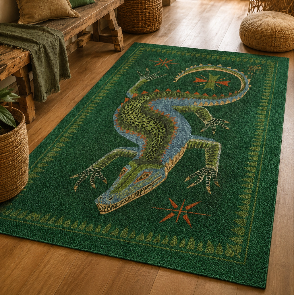Tapis rectangulaire Croco – motif crocodile illustré – vert émeraude, bleu, olive et terracotta