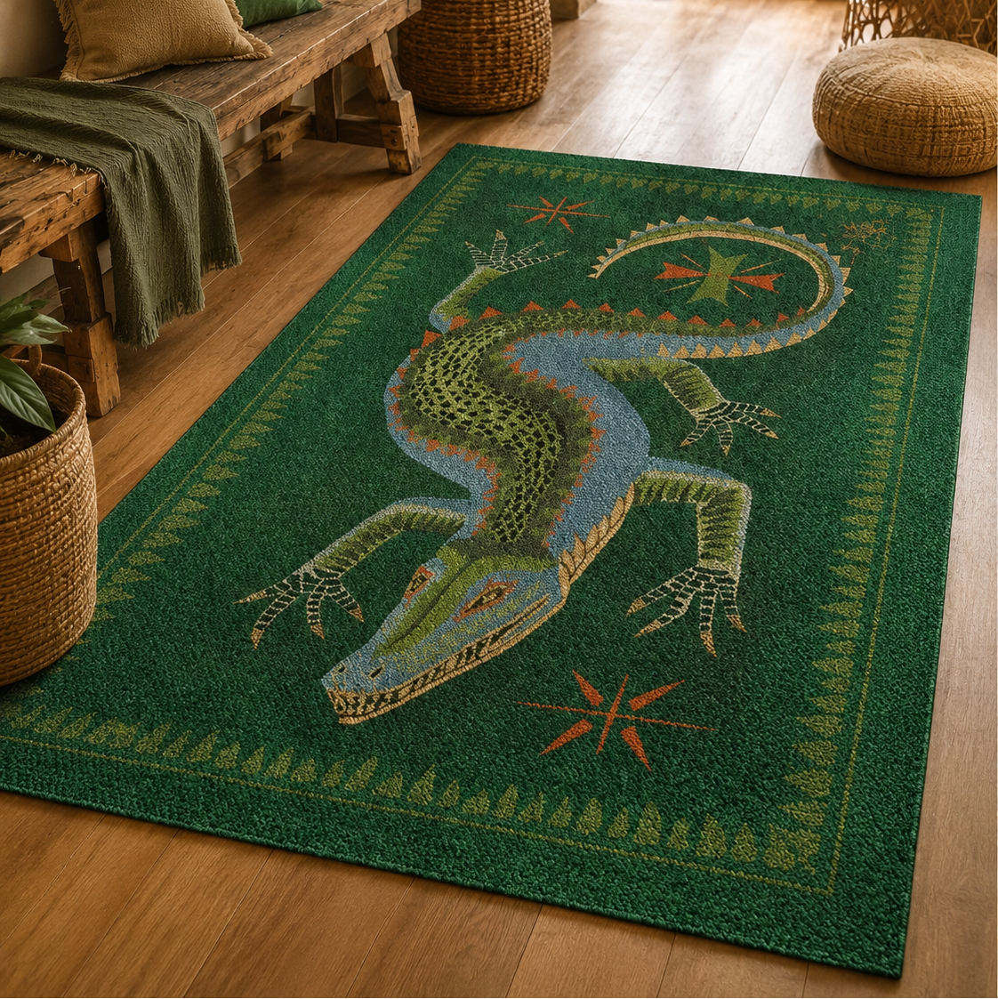 Tapis rectangulaire Croco – motif crocodile illustré – vert émeraude, bleu, olive et terracotta
