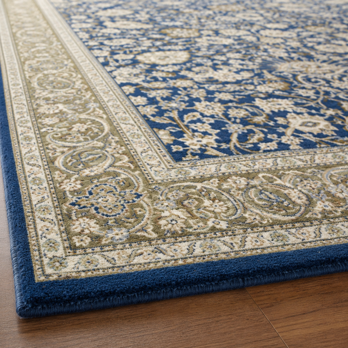 Tapis rectangulaire Isfahan – motifs orientaux floraux – bleu marine, beige et taupe