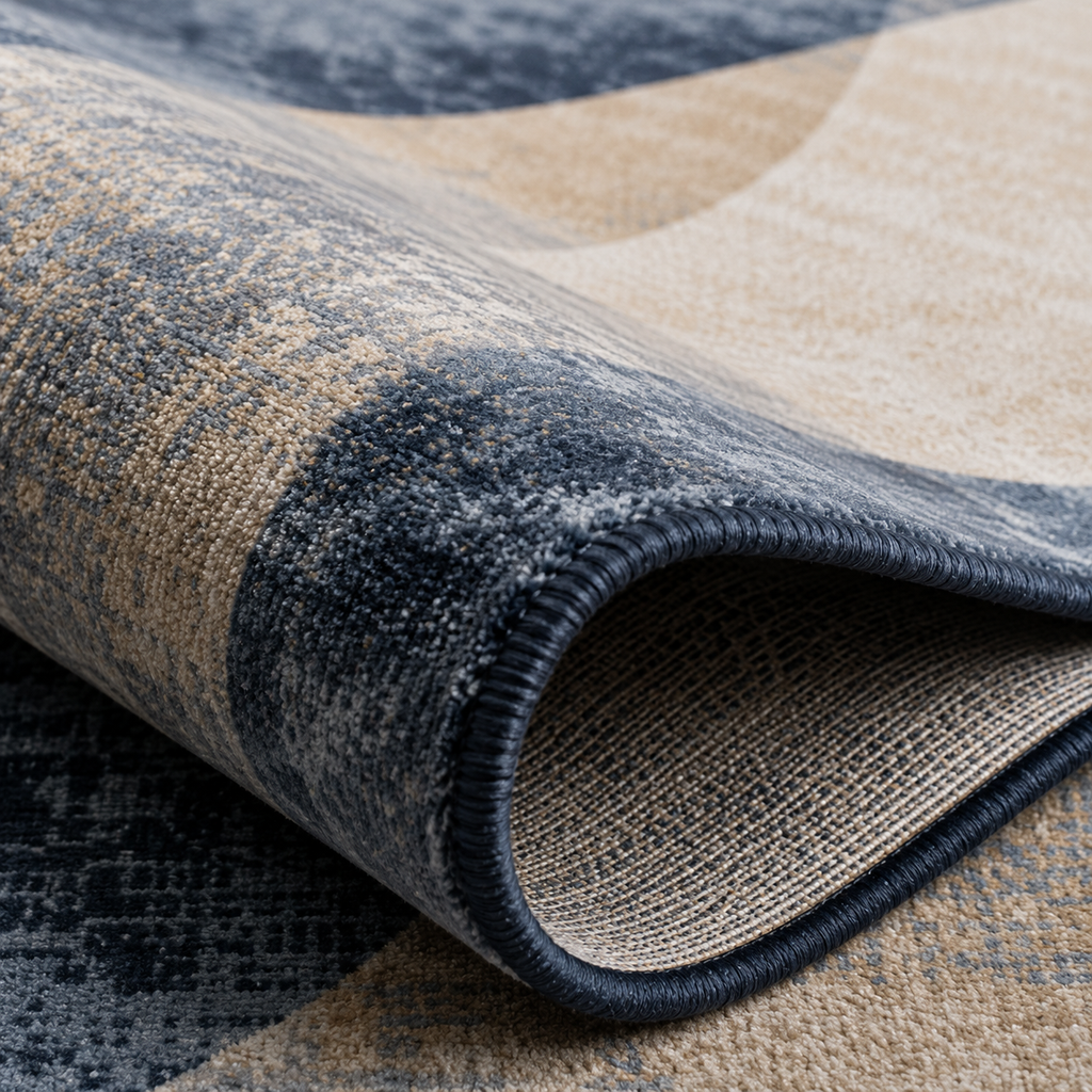 Tapis rectangulaire Éloria – style moderne – motifs abstraits gris, crème et bleu profond