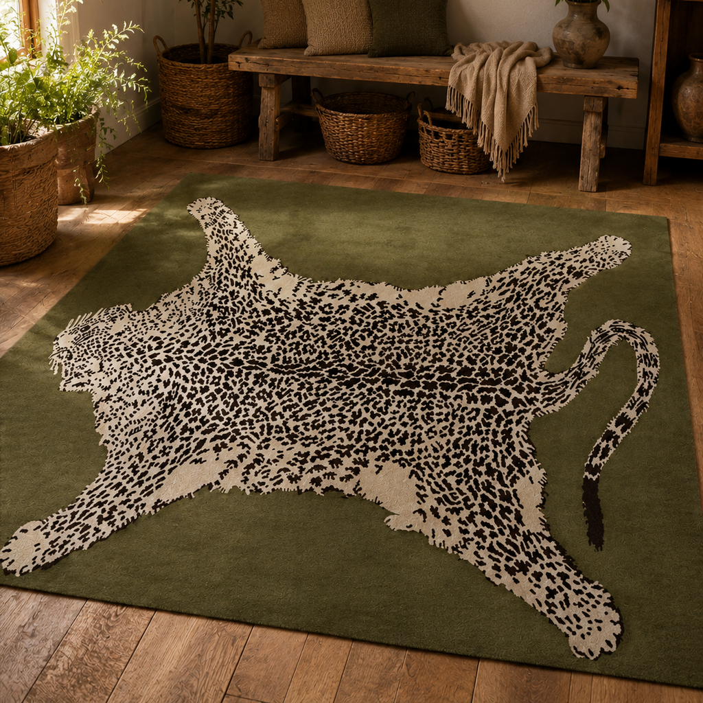 Tapis rectangulaire Léopard – motif animalier stylisé – vert olive, écru et noir