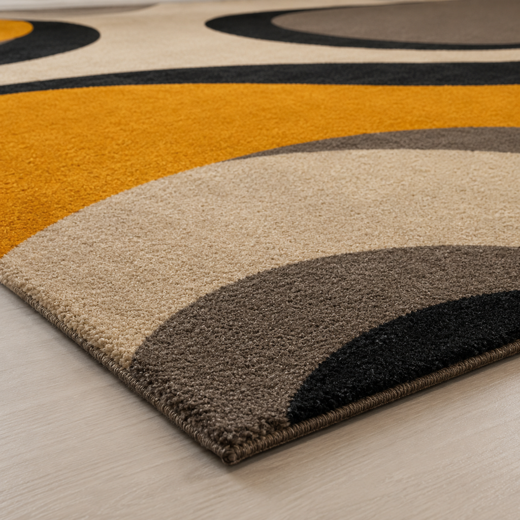 Tapis rectangulaire Solvane – style moderne – motifs abstraits beige, noir et jaune moutarde