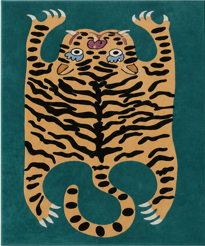 Tapis rectangulaire Tigra – motif tigre graphique – bleu canard, beige doré, noir et blanc