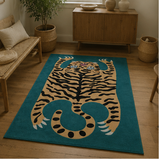 Tapis rectangulaire Tigra – motif tigre graphique – bleu canard, beige doré, noir et blanc