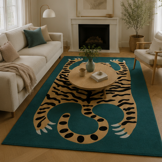 Tapis rectangulaire Tigra – motif tigre graphique – bleu canard, beige doré, noir et blanc