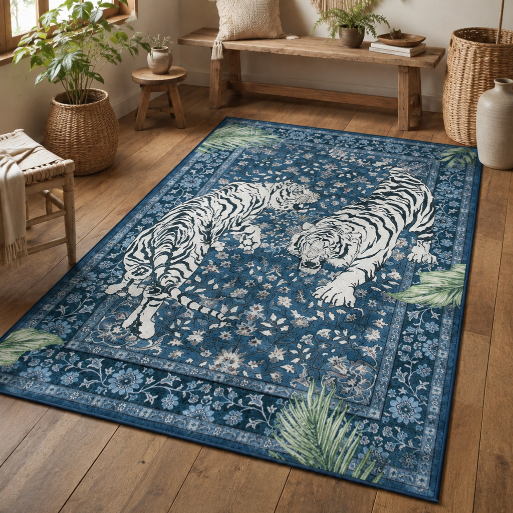 Tapis rectangulaire Bengal – duo de tigres blancs – bleu profond, écru et vert feuillage