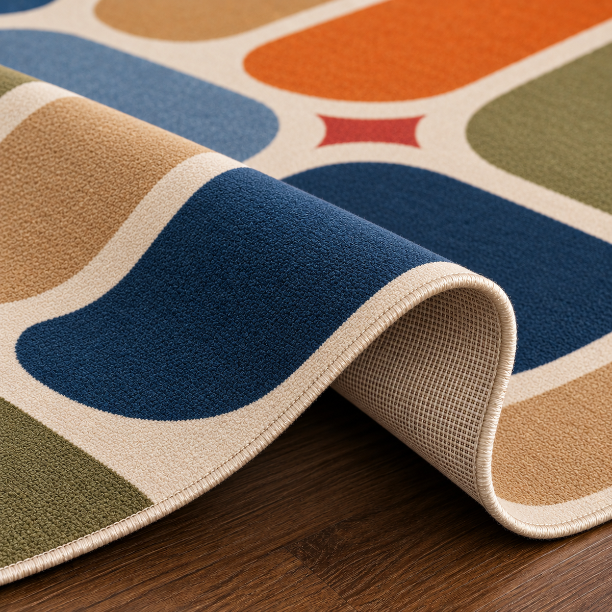 Tapis rectangulaire Alma – formes abstraites rétro – terracotta, bleu nuit, bleu ciel, vert sauge et beige