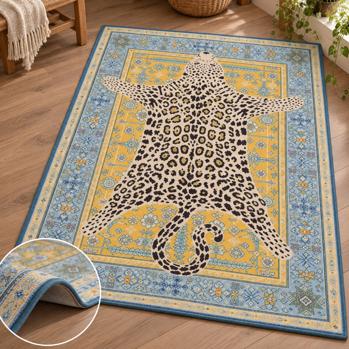 Tapis rectangulaire Shira – motif léopard décoratif – bleu ciel, jaune doux, écru et noir