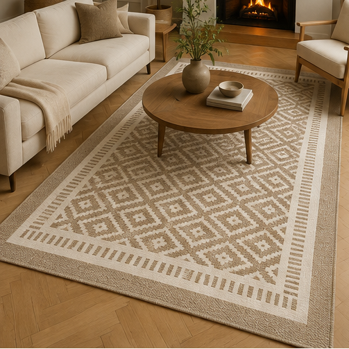 Tapis rectangulaire Elvar – style graphique – motifs losanges beige et écru