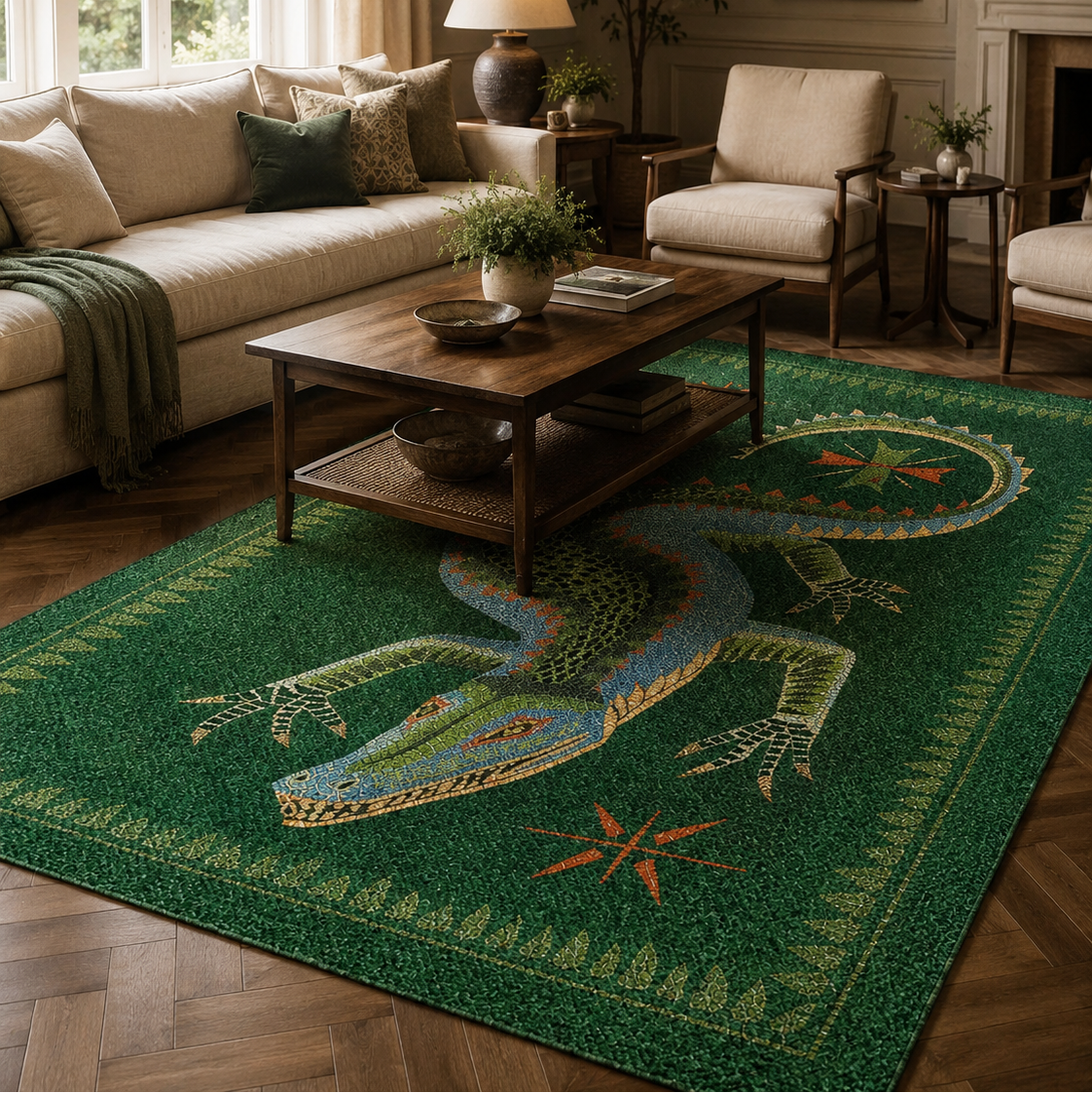Tapis rectangulaire Croco – motif crocodile illustré – vert émeraude, bleu, olive et terracotta